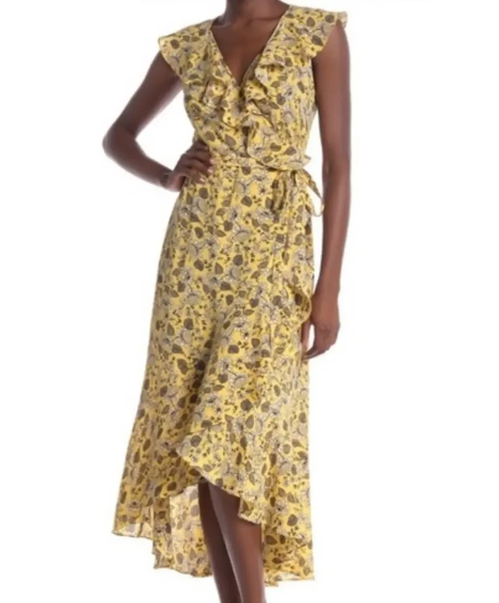 Max Studio Yellow Floral Boho Midi Wrap Dress Summer Spring Size Medium